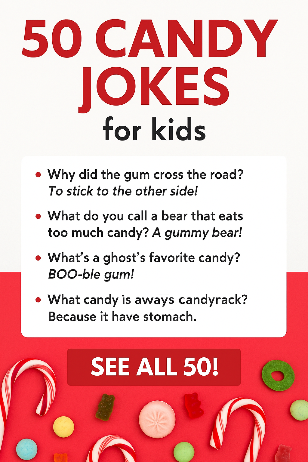 A colorful vertical Pinterest-style image featuring a playful candy theme. A mix of colorful hard candies, lollipops, and jelly beans scattered across a pastel background. Include space for text at the top and bottom, blurred slightly for readability. Bright, cheerful, fun lighting, vertical 2:3 ratio.