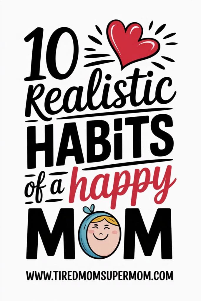 Daily habits of a happy mom Pinterest pin image showing realistic joy and self-care in motherhood.