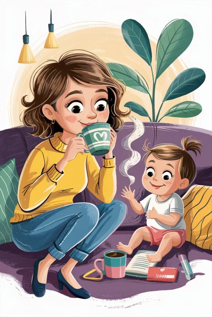 Daily habits of a happy mom include morning moments of calm with kids nearby.