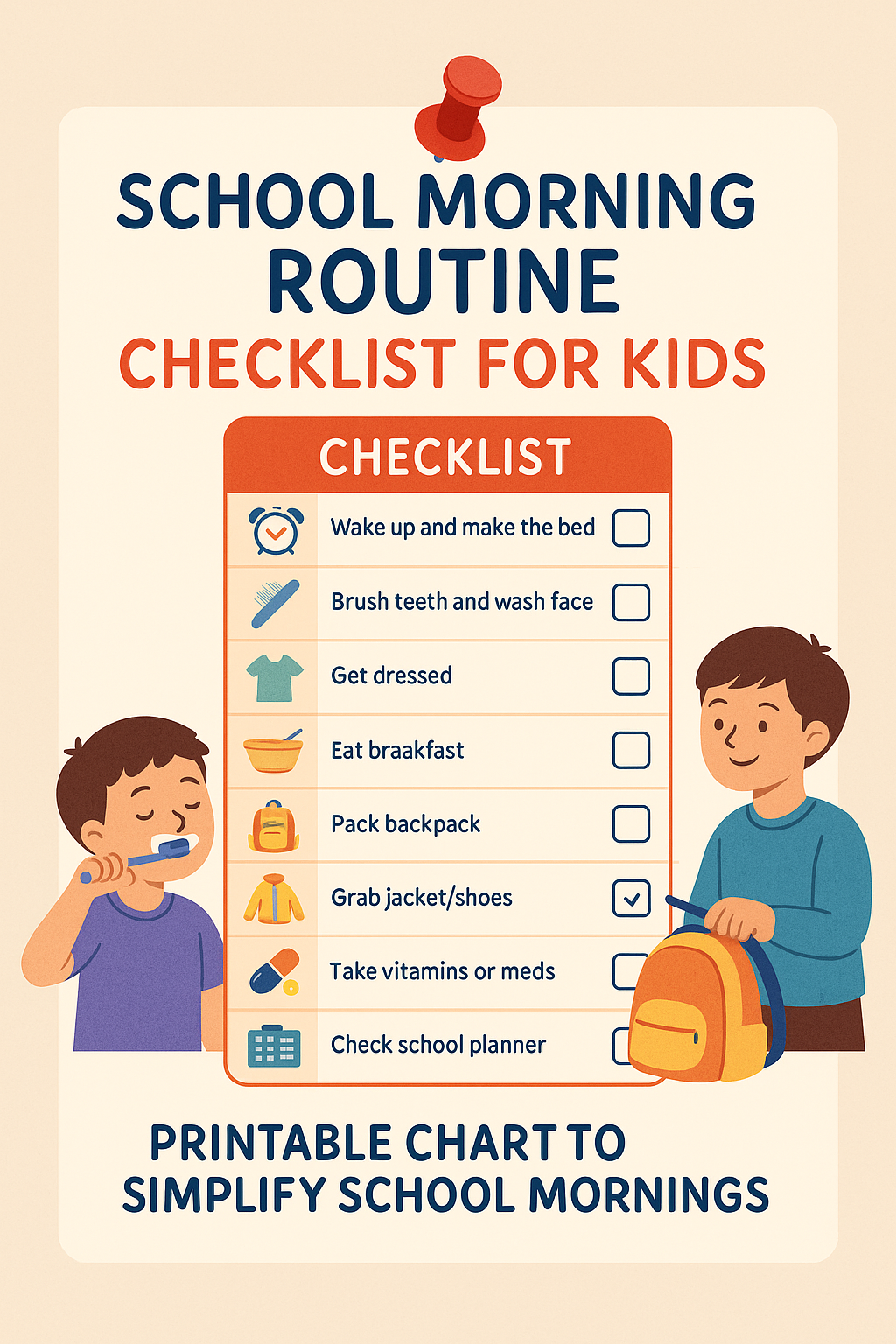 Cartoon-style school morning routine checklist for kids with a printable chart, showing step-by-step tasks like brushing teeth, packing a backpack, and grabbing shoes—designed to simplify school mornings for parents and children.