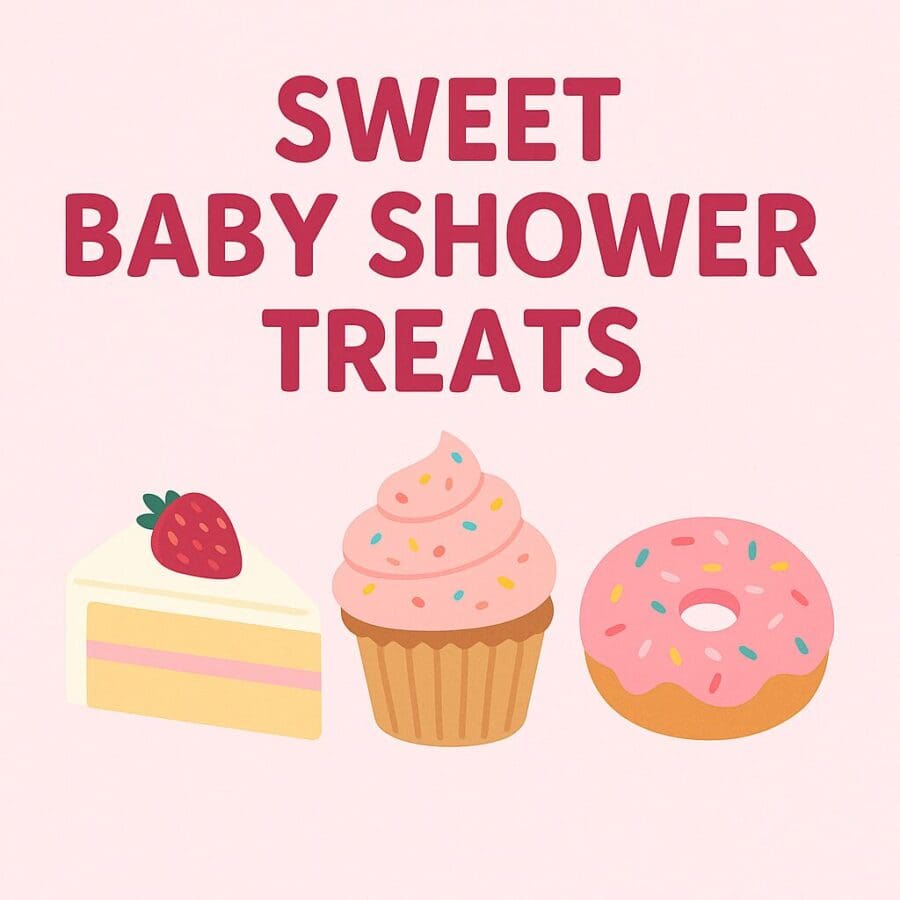 Illustration of sweet baby shower treats including cake, cupcake, and donut in soft pastel tones. Great dessert ideas for baby shower food table or candy bar.