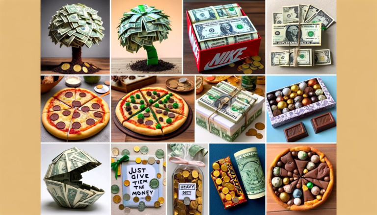 DALL·E 2023 12 29 21.07.32 A collage showcasing ten more creative ways to gift cash  11. Money Tree with bills for leaves resembling a bonsai tree. 12. Money Pizza Box with cas