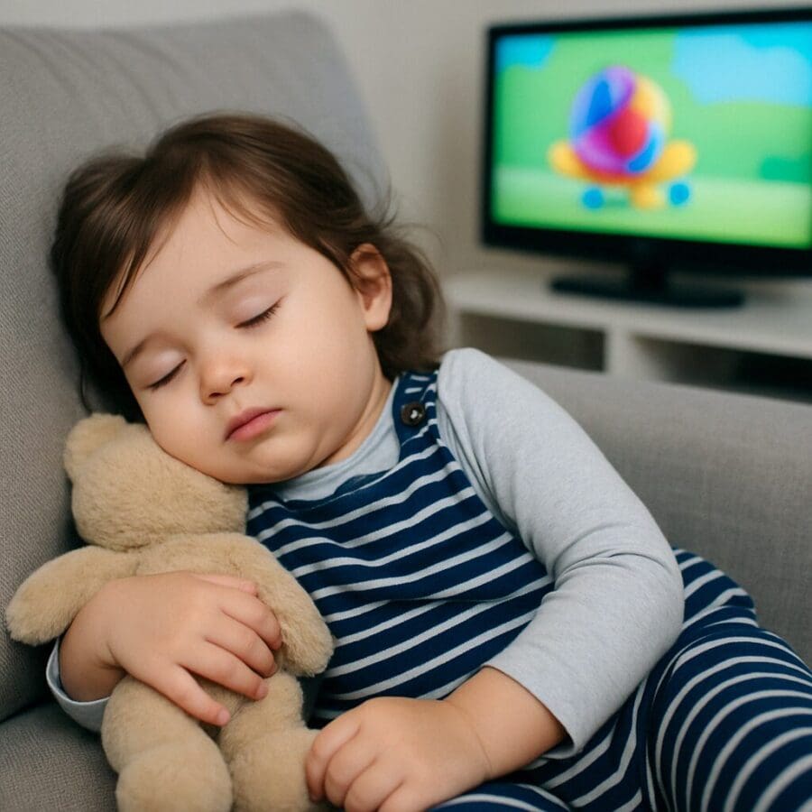 Icons illustrating calm screen time tips for toddlers, with visuals representing soothing TV habits.