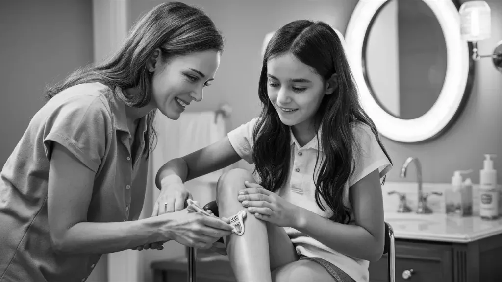 Mother guiding her teen daughter through her first shaving experience using a gentle razor at home.
