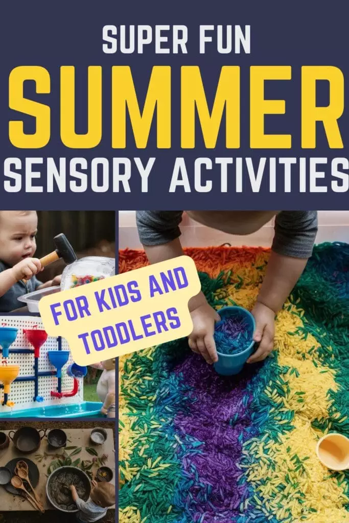 Colorful flat illustration of summer sensory activities for toddlers including water play, ice painting, and outdoor bins â perfect for hands-on toddler fun in warm weather.