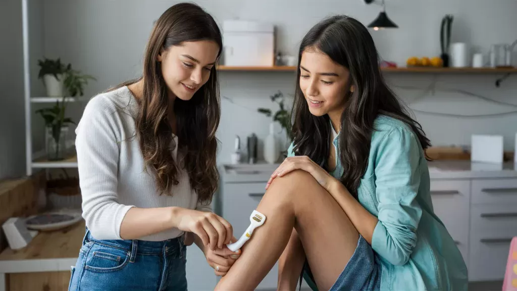 Two teen girls practicing shaving together with a safe starter razor, smiling and learning in a relaxed setting.