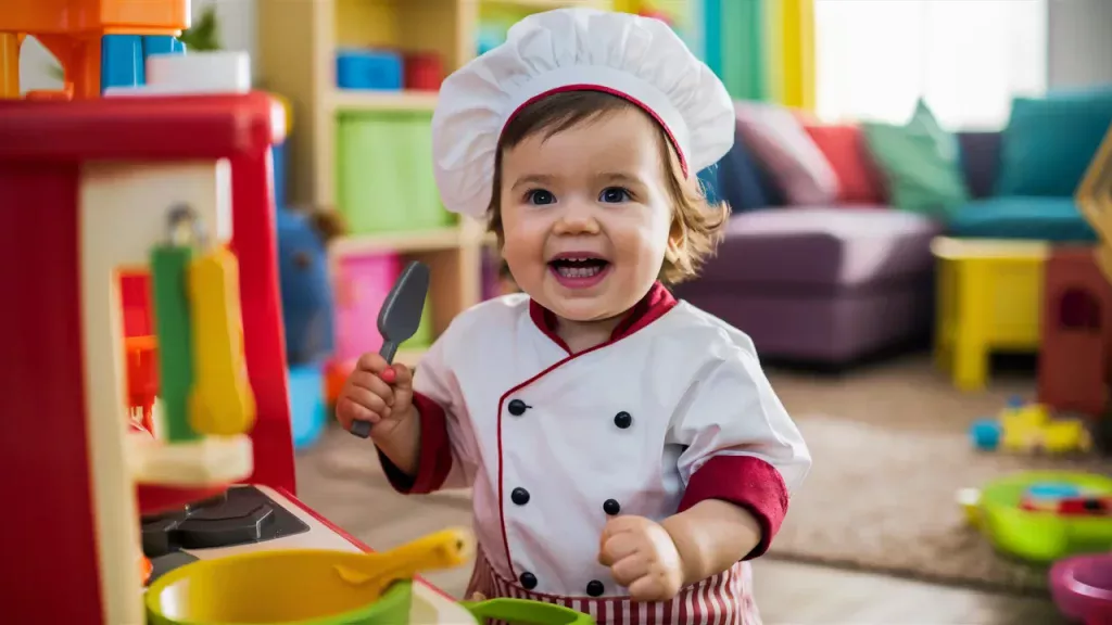 “Toddler dressed as a chef playing in a toy kitchen as part of hands-on wellness activities for kids that build creativity and confidence.”