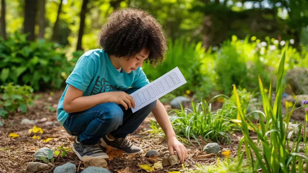 “Child exploring nature with a checklist as part of outdoor wellness activities for kids that promote mindfulness and discovery.”