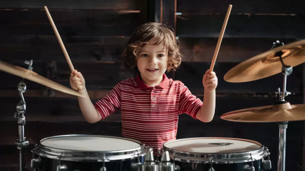 “Child playing drums as part of emotional and mental wellness activities for kids to encourage creativity and self-expression.”