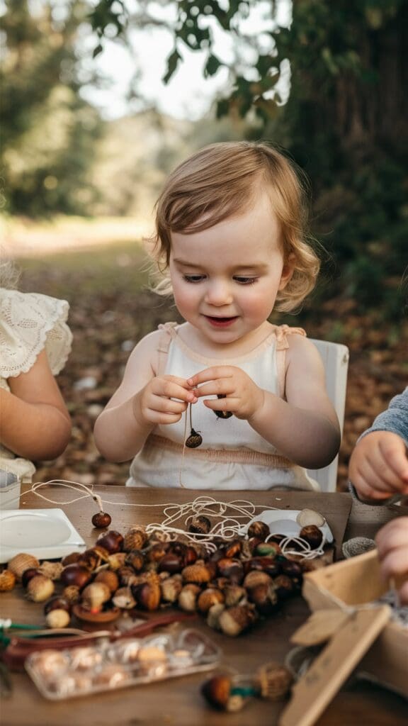 "Toddler gluing beads into acorn caps to make acorn jewels."