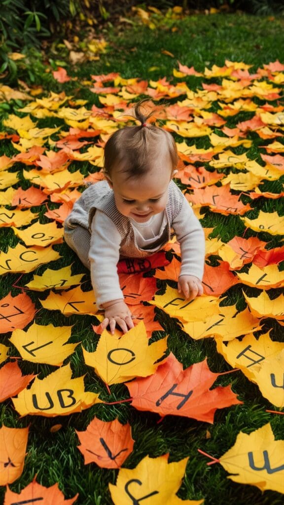 "Toddler identifying letters written on leaves."