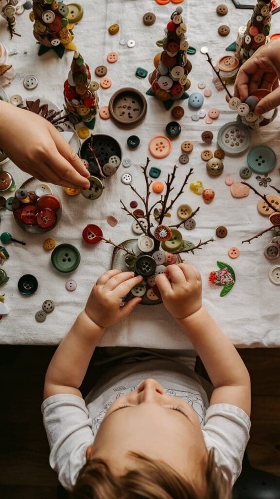 "Toddler gluing buttons onto a tree outline."