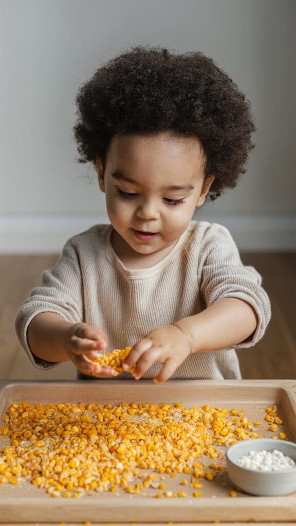"Toddler exploring a bin filled with dried corn kernels."