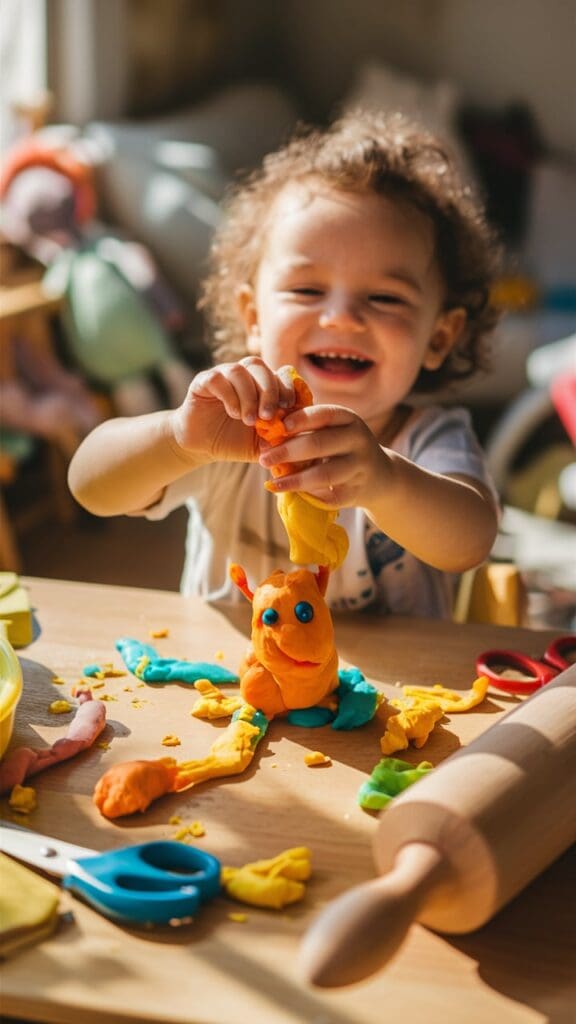 "Toddler playing with homemade fall-scented playdough."