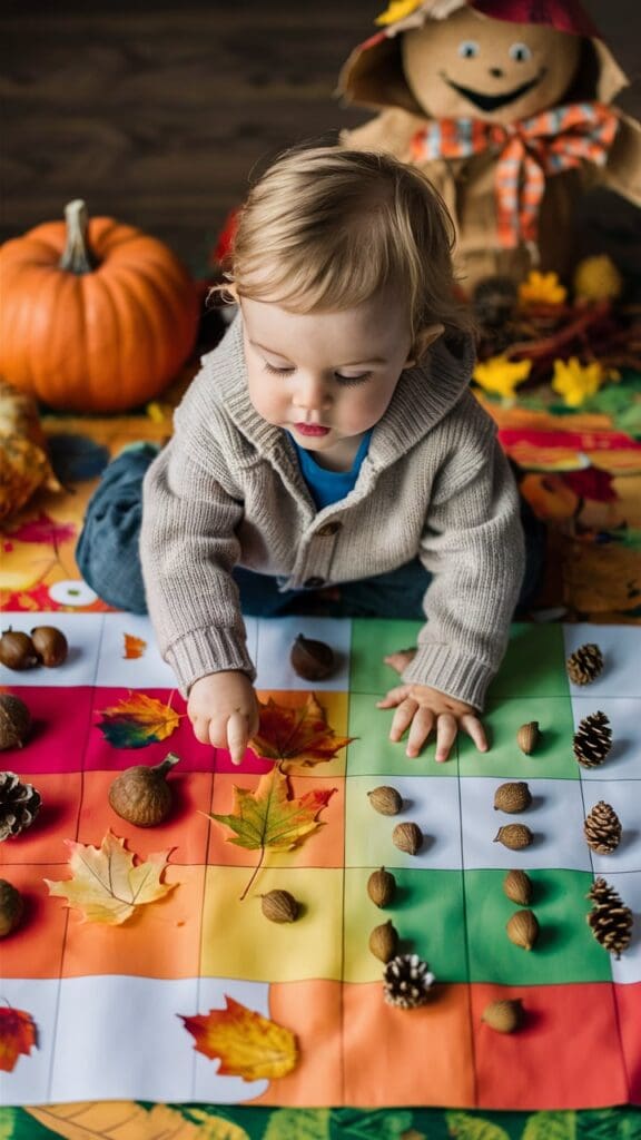 "Toddler sorting leaves or pom-poms by color."
