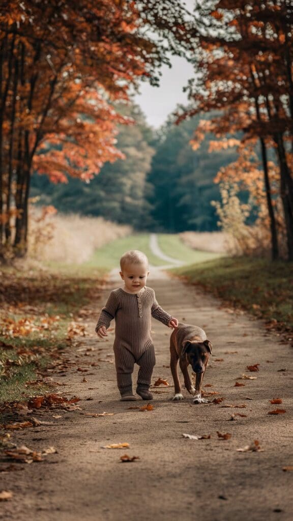 "Toddler observing fall colors during a nature walk."