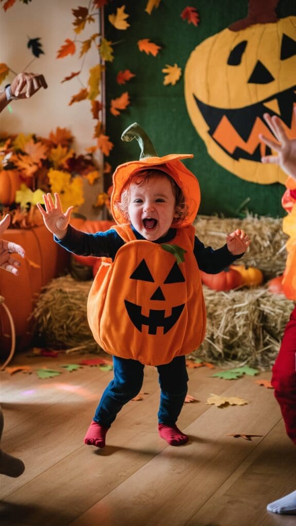 "Toddler dancing to fall-themed music."