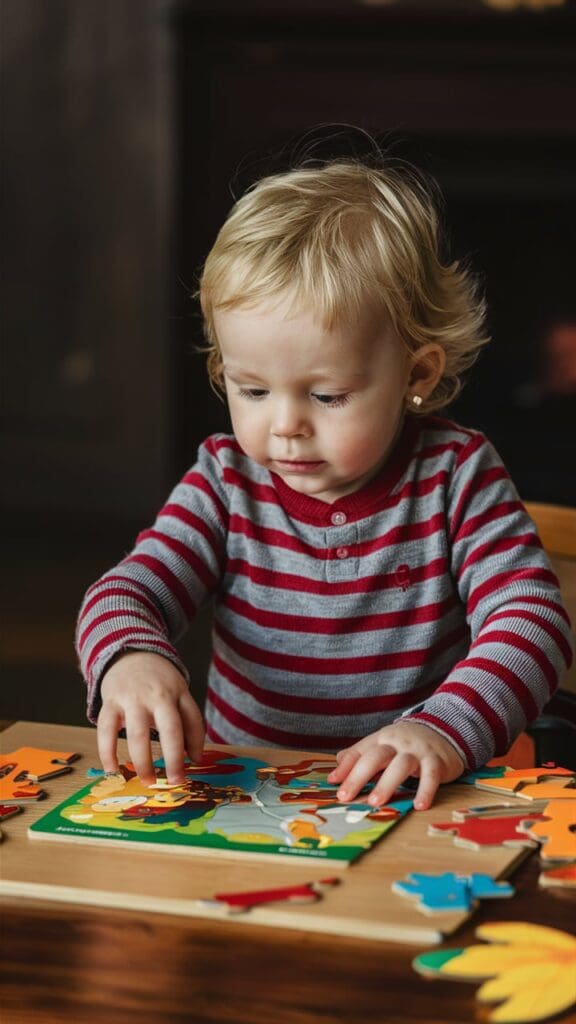 "Toddler solving a fall-themed puzzle."