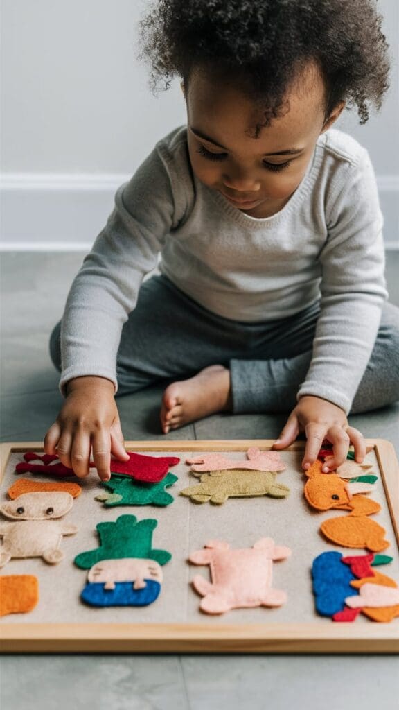 "Toddler telling a story using fall-themed felt board pieces."