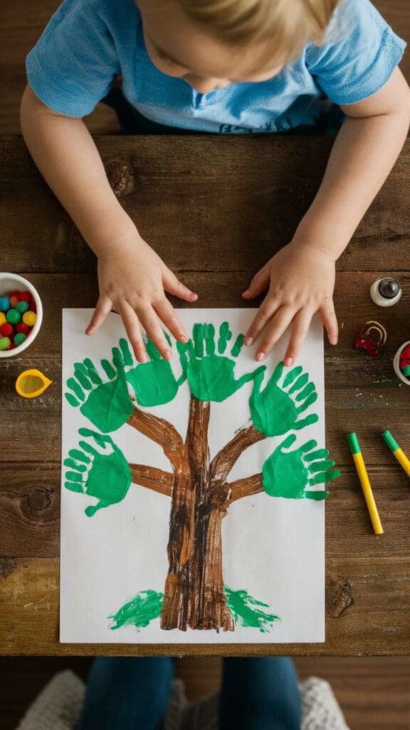 "Toddler making a handprint tree with colorful leaves."
