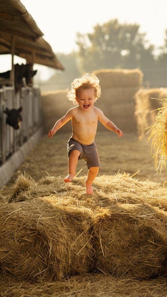 "Toddler jumping on hay bales."