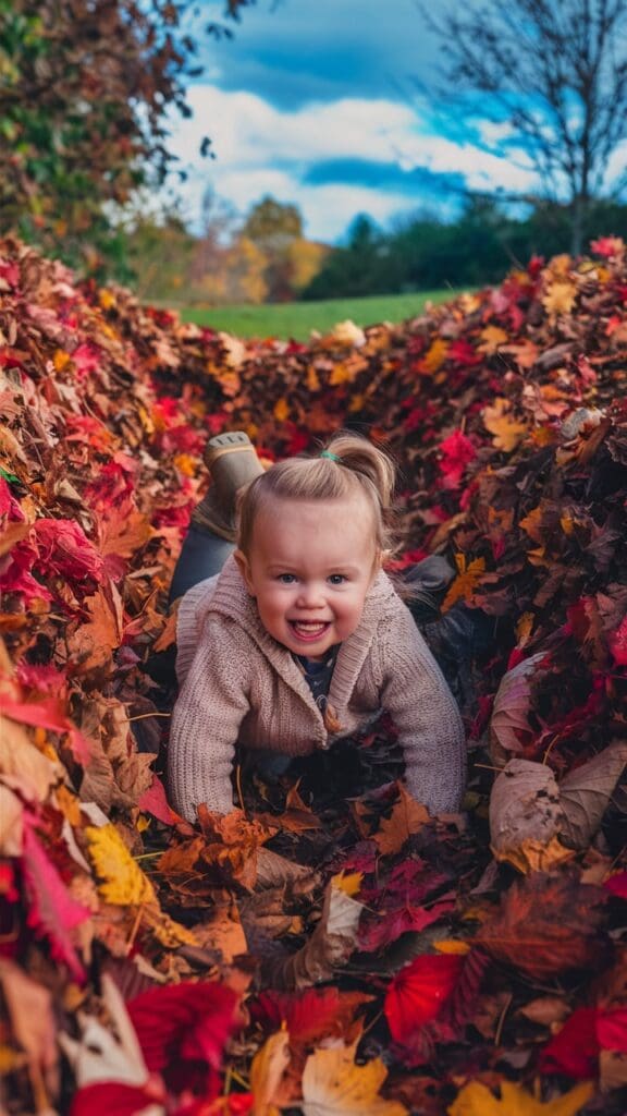 "Toddler playing in a small pile of leaves, jumping over or crawling through."