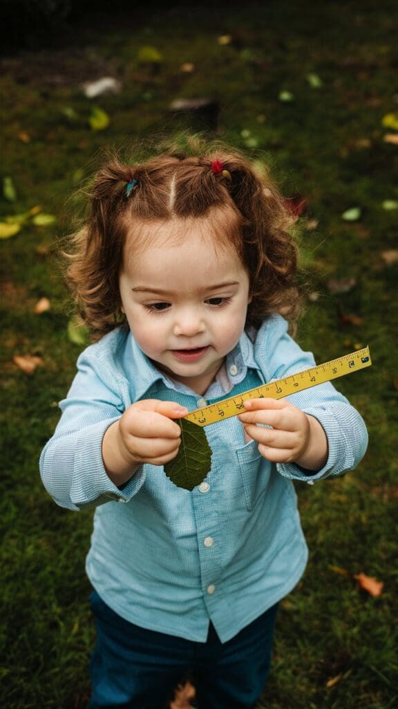 "Toddler measuring leaves with a ruler."
