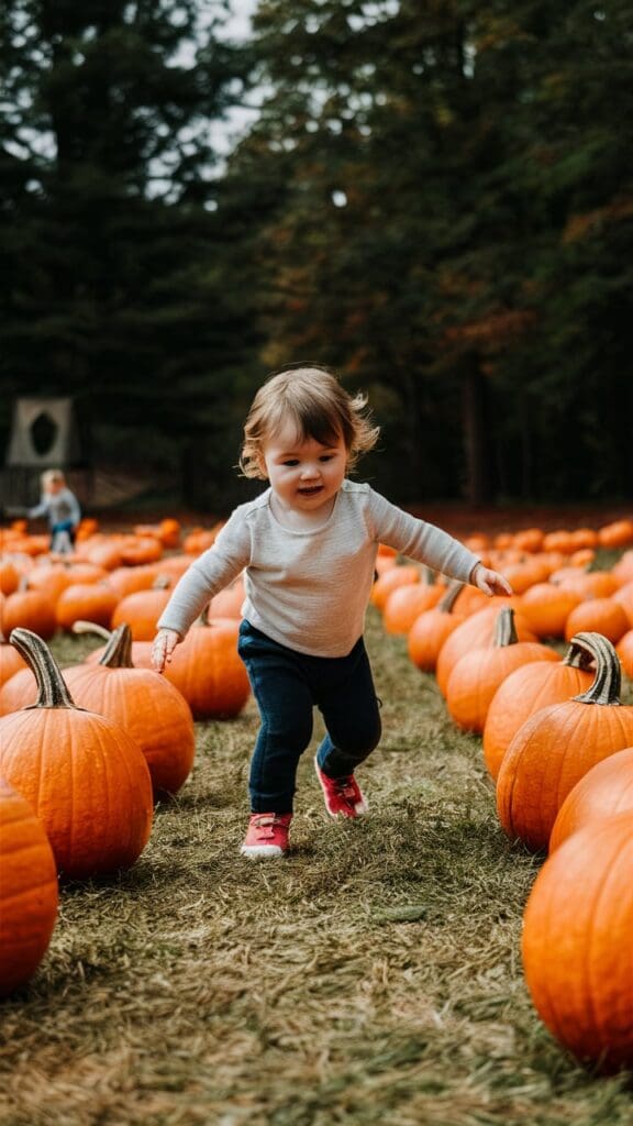 "Toddler completing an obstacle course with pumpkins."