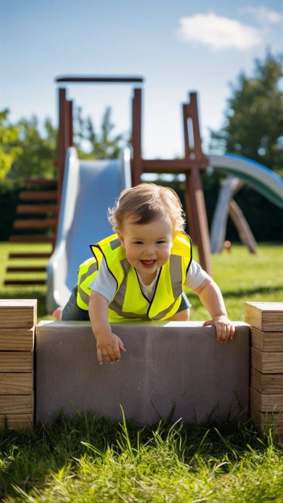 "Toddler navigating an outdoor obstacle course with pumpkins."