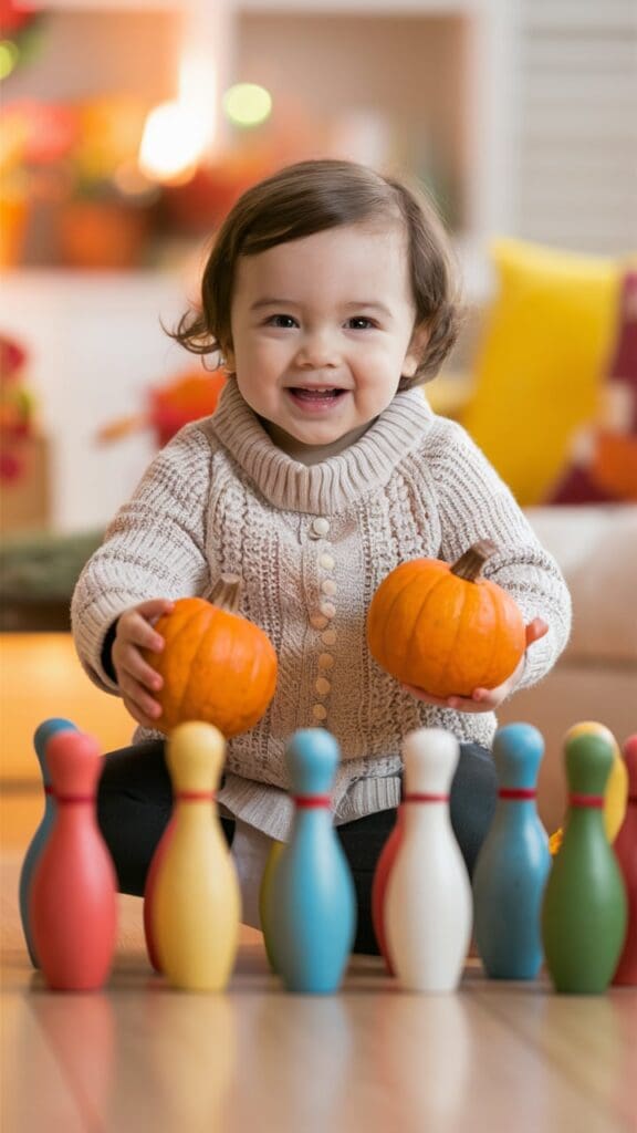 "Toddler playing pumpkin bowling with small pumpkins and plastic bottles."