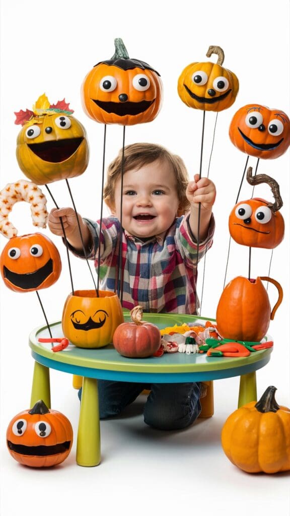 "Toddler playing with pumpkin puppets made from craft sticks."