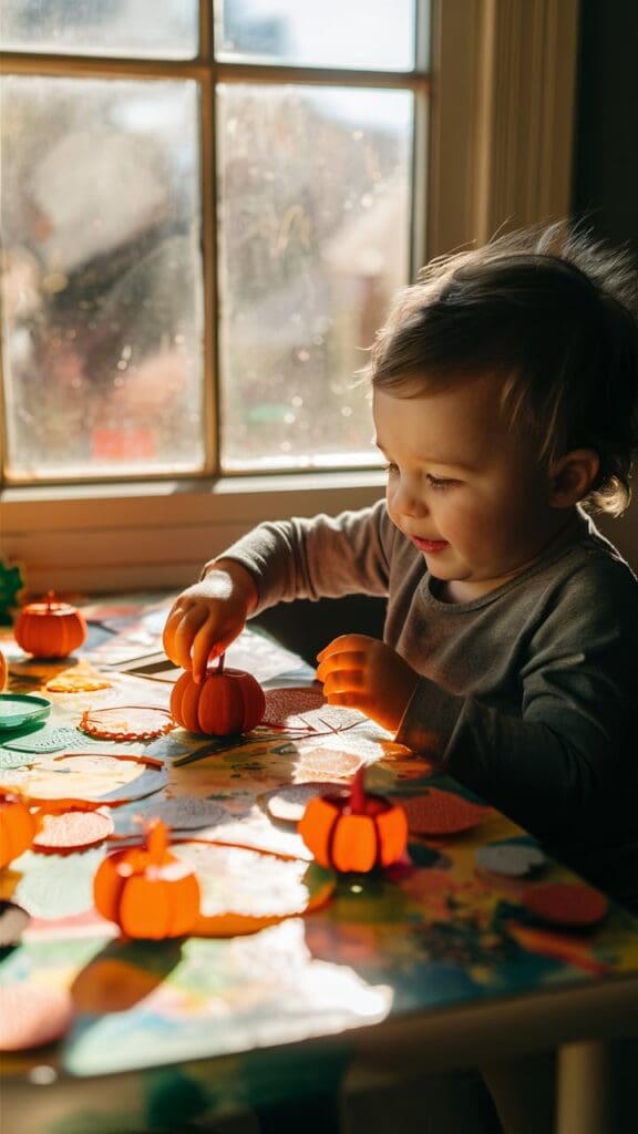 "Toddler making a pumpkin sun catcher with tissue paper."