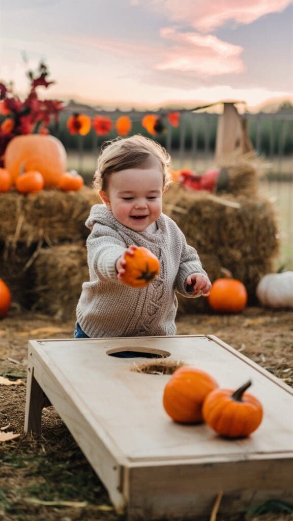 "Toddler tossing small pumpkins or beanbags into buckets."