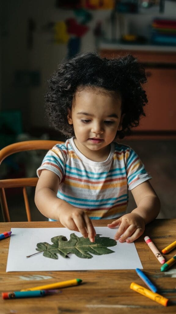"Toddler making tree bark rubbings with paper and crayons."