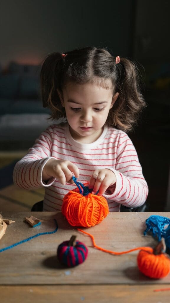 "Toddler making yarn pumpkins by wrapping yarn around a balloon."