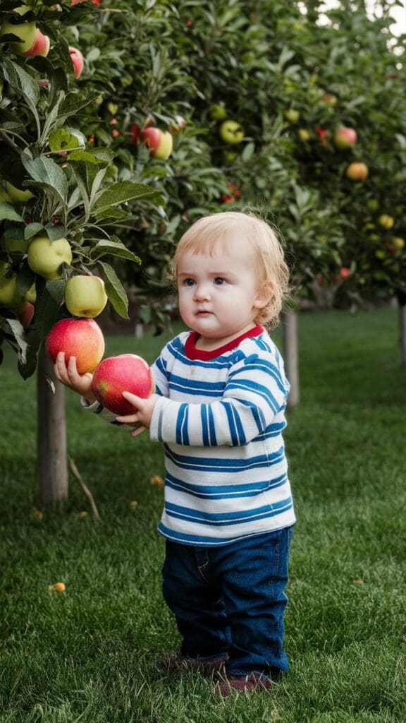 "Toddler picking apples at an orchard."
