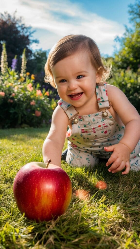 "Toddler rolling apples down a slope."