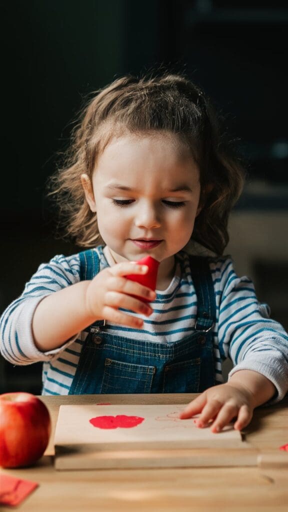 "Toddler using cut apples to stamp paint on paper."