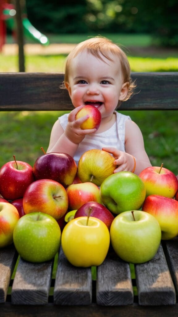 "Toddler tasting different types of apples."