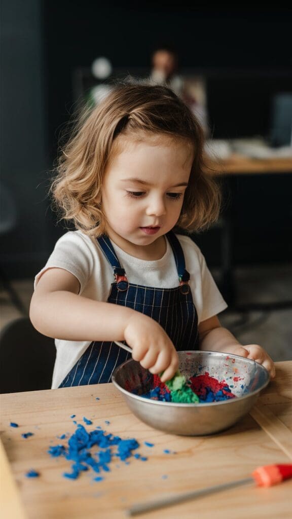 "Toddler mixing paint colors to learn about color theory."