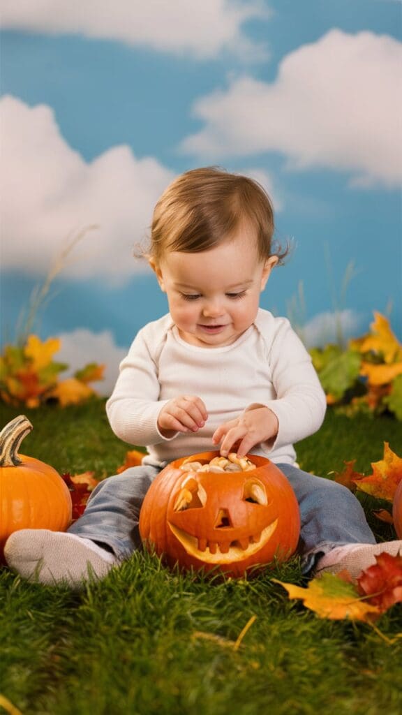 "Toddler counting pumpkin seeds."