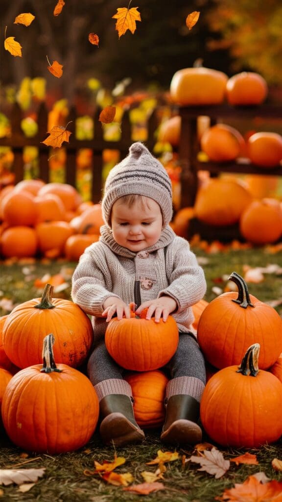 "Toddler counting small pumpkins."