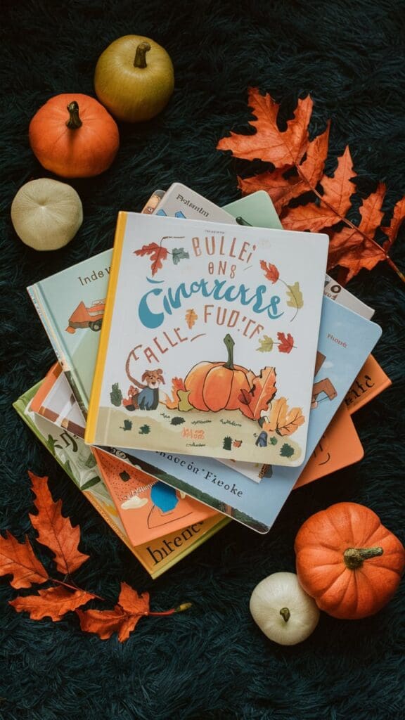 "Toddler reading a fall-themed book."
