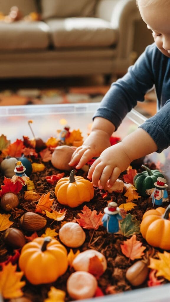 "Toddler playing with a fall-themed sensory bin."