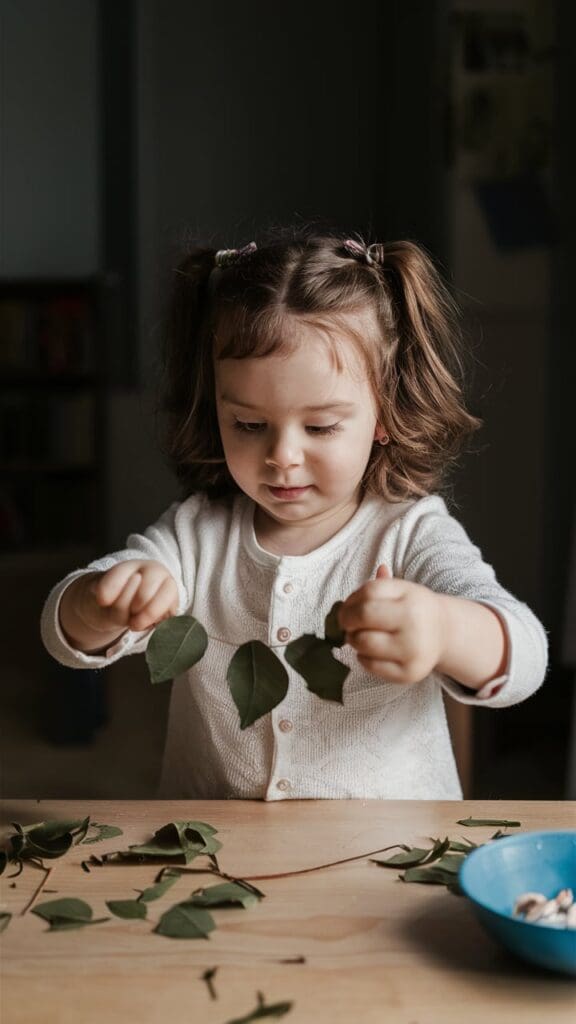 "Toddler creating a leaf garland with string and leaves."