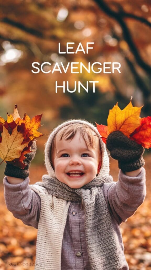 "Toddler collecting colorful leaves during a scavenger hunt."