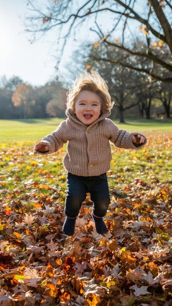 "Toddler jumping into a pile of autumn leaves."