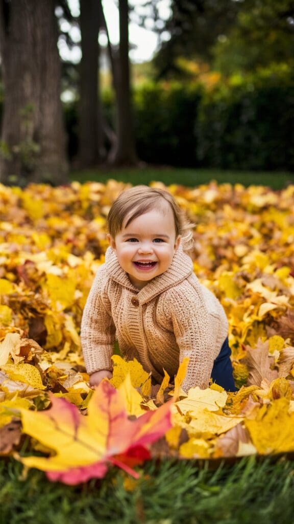 "Toddler navigating a leaf maze on the ground."