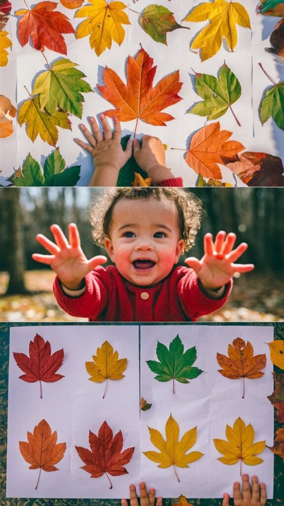 "Toddler making leaf prints with paint and paper."