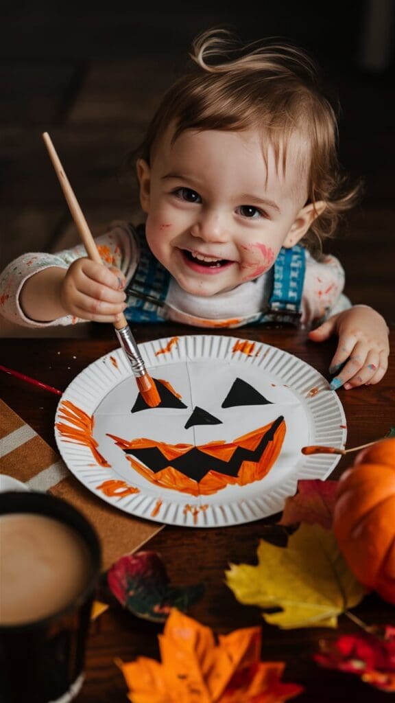 "Toddler creating a pumpkin with a painted paper plate."